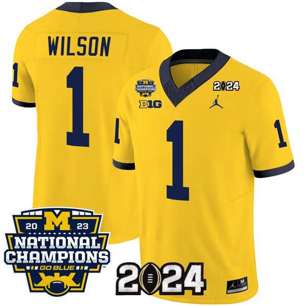 Men%27s Michigan Wolverines #1 Roman Wilson Yellow 2024 F.U.S.E. With 2023 National Champions Patch Stitched Jersey